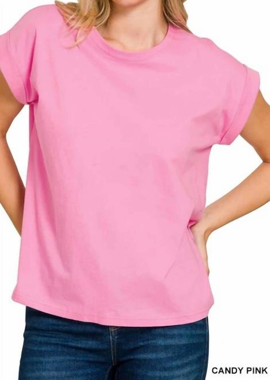 NEW ZENANA women's folded sleeve tee in candy pink